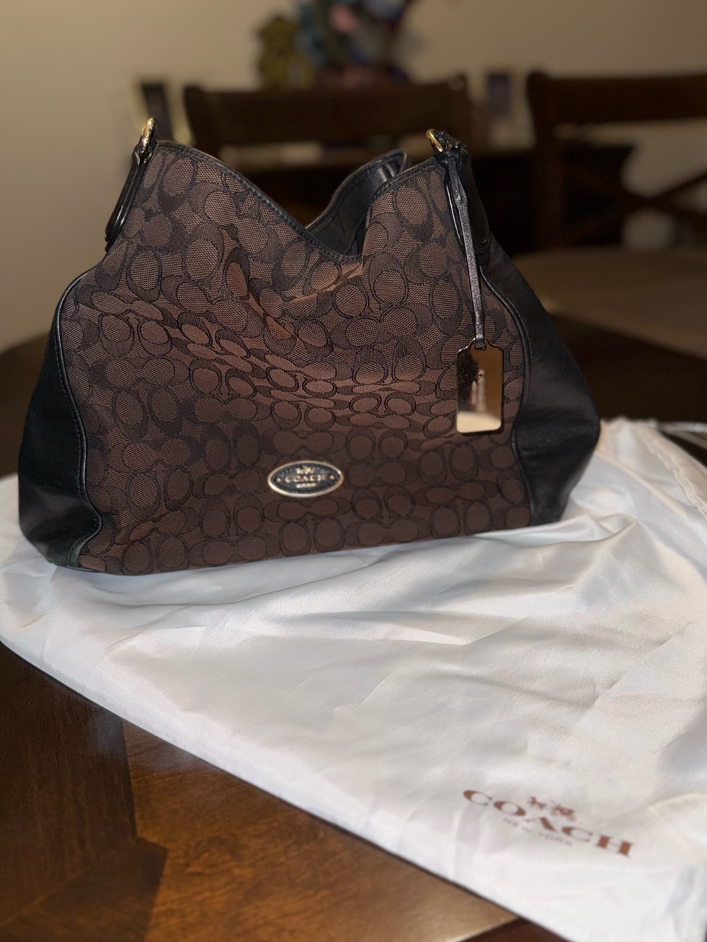 Coach Brown Signature Jacquard Tote with Black Leather Trim and Gold Plaque